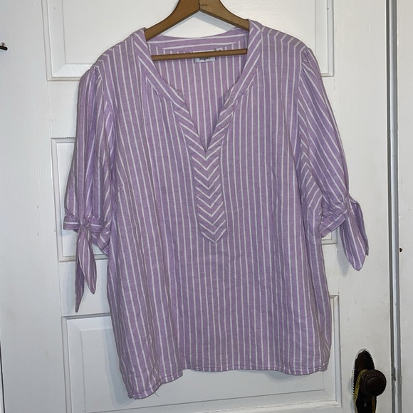 Kim Rogers Tops - Casual Loose Fitting Lavender Stripe Summer Shirt Beach Linen‎ Blend